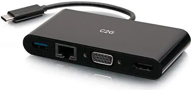 Alt view image 3 of 5 - C2G USB C to HDMI, VGA, USB A & RJ45 Adapter - 4K 30Hz - Black - for Notebook/Tablet PC - USB 3.1 Type C - 4K, Full HD - 3840 x 2160, 1920 x 1200 - 1 x USB 3.0 - USB Type-A - USB Type-C - 1 x RJ-4