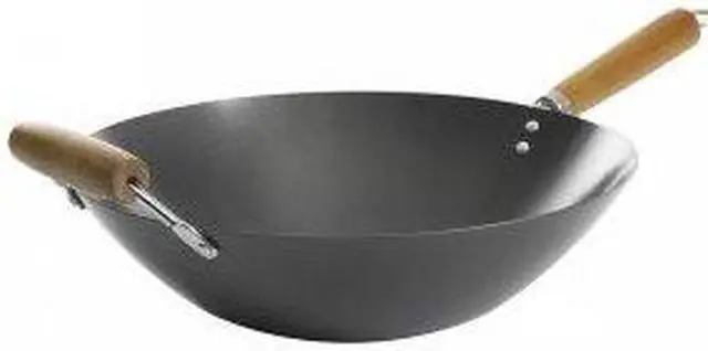 Alt view image 9 of 9 - Kenmore Hammond 14 Inch Flat Bottom Carbon Steel Wok in Black with Wooden Handles