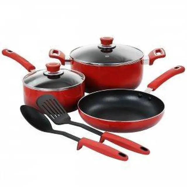 Alt view image 8 of 8 - Oster 7 Piece Non Stick Aluminum Cookware Set in Red