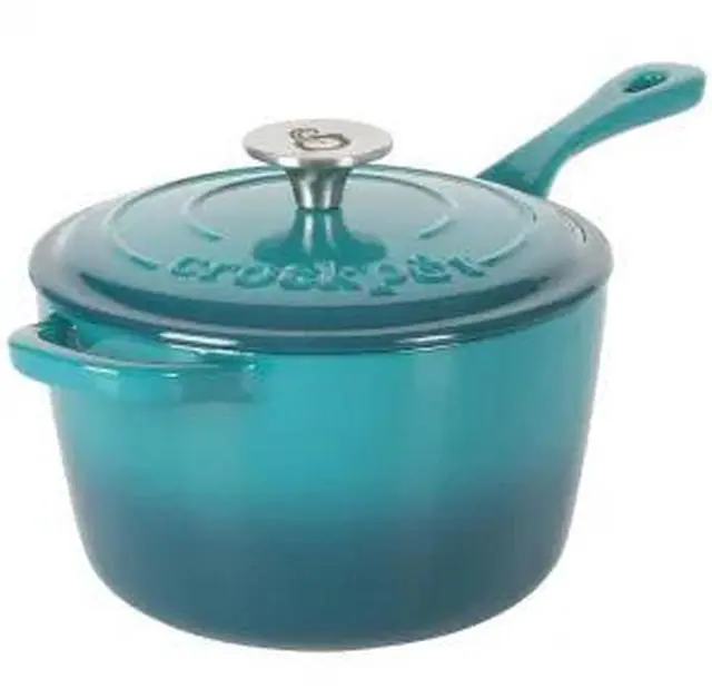 Alt view image 6 of 6 - Crock-Pot Artisan 3 Quart Enameled Cast Iron Saucepan with Lid in Teal and Silver