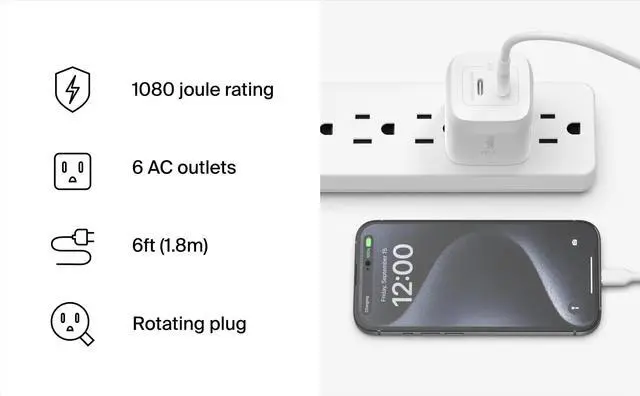 Alt view image 10 of 10 - Belkin 6-Outlet Surge Protector Power Strip, 6ft Cord, 360° Rotating Plug - 1080 Joules Protection