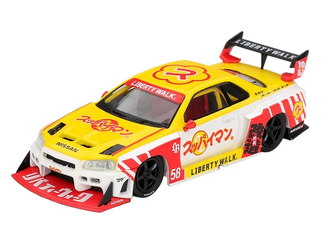 Alt view image 2 of 4 - Mini GT Nissan LBER34 Super Silhouette Skyline RHD Right Hand Drive 58 Suppaiman Okinawa Yellow and White with Graphics Limited Edition 164 Diecast Model Car by Mini GT