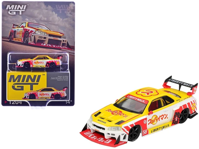 Main image of Mini GT Nissan LBER34 Super Silhouette Skyline RHD Right Hand Drive 58 Suppaiman Okinawa Yellow and White with Graphics Limited Edition 164 Diecast Model Car by Mini GT