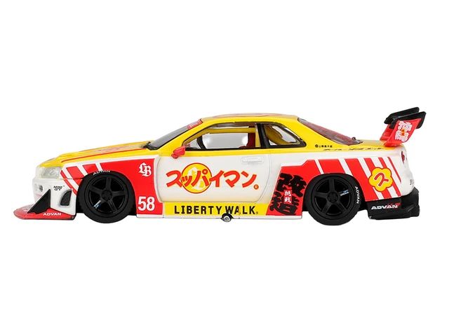 Alt view image 3 of 4 - Mini GT Nissan LBER34 Super Silhouette Skyline RHD Right Hand Drive 58 Suppaiman Okinawa Yellow and White with Graphics Limited Edition 164 Diecast Model Car by Mini GT