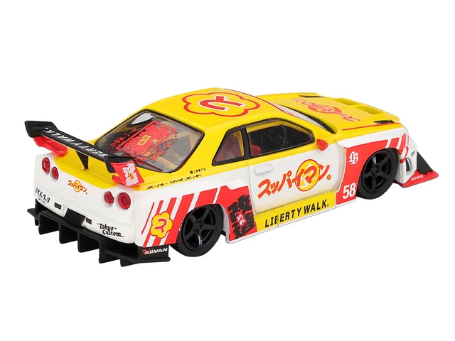 Alt view image 4 of 4 - Mini GT Nissan LBER34 Super Silhouette Skyline RHD Right Hand Drive 58 Suppaiman Okinawa Yellow and White with Graphics Limited Edition 164 Diecast Model Car by Mini GT