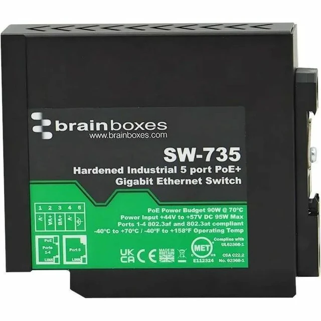 Alt view image 4 of 4 - Brainboxes Hardened Industrial 5 Port PoE+ Gigabit Ethernet Switch SW735