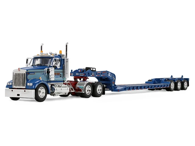 Alt view image 2 of 4 - First Gear Kenworth W900L Day Cab and Fontaine Magnitude Lowboy Trailer Sid Kamp Blue and Light Blue TwoTone 164 Diecast Model by DCPFirst Gear