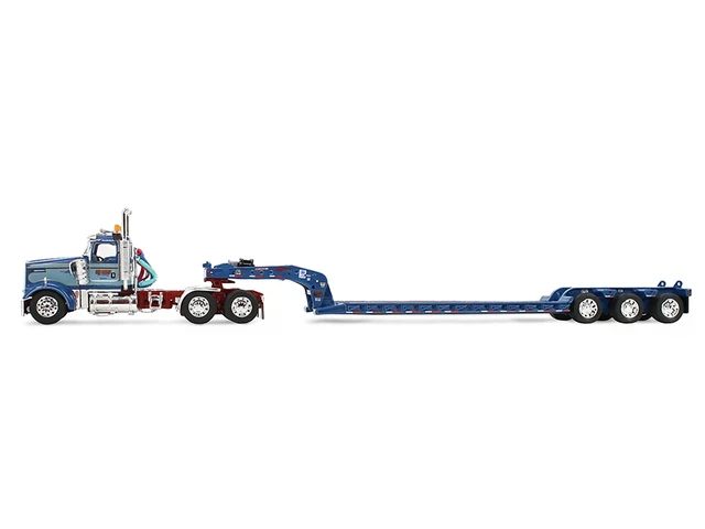 Alt view image 3 of 4 - First Gear Kenworth W900L Day Cab and Fontaine Magnitude Lowboy Trailer Sid Kamp Blue and Light Blue TwoTone 164 Diecast Model by DCPFirst Gear