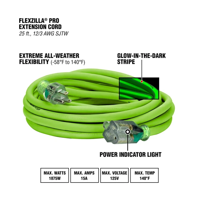 Alt view image 8 of 10 - Flexzilla Pro Extension Cord 123 AWG SJTW 25ft Outdoor Lighted Plug