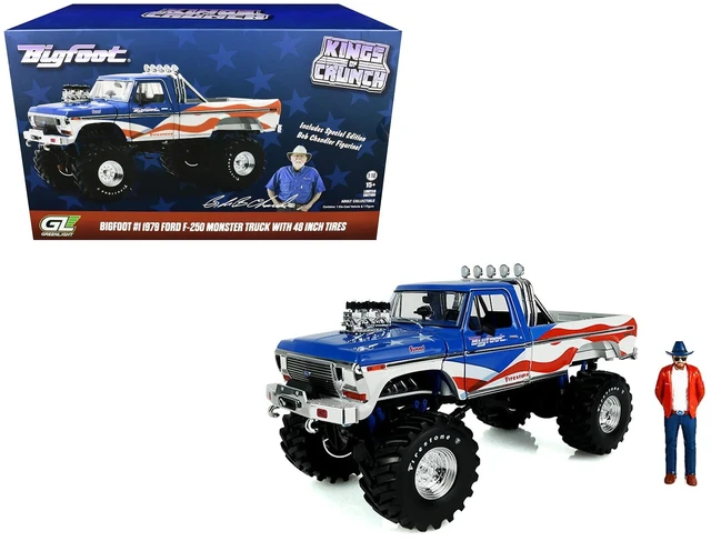 Main image of GREENLIGHT 1979 Ford F250 Monster Truck Bigfoot USA 250 Tribute Blue with USA Flag Graphics and Bob Chandler Standing Figure Kings of Crunch Series 118 Diecast Model Car by Greenlight