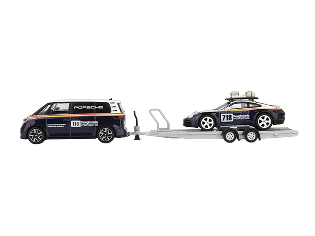 Alt view image 2 of 5 - Mini GT Porsche 911 Dakar 718 Blue and White with Roof Rack and Volkswagen ID Buzz Blue and White with Flatbed Trailer Porsche Centrum Gelderland Roughroads Set of 3 pieces Limited Edition 164 Diecast