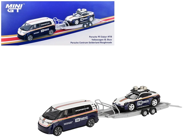 Main image of Mini GT Porsche 911 Dakar 718 Blue and White with Roof Rack and Volkswagen ID Buzz Blue and White with Flatbed Trailer Porsche Centrum Gelderland Roughroads Set of 3 pieces Limited Edition 164 Diecast