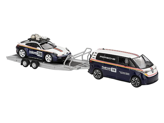 Alt view image 4 of 5 - Mini GT Porsche 911 Dakar 718 Blue and White with Roof Rack and Volkswagen ID Buzz Blue and White with Flatbed Trailer Porsche Centrum Gelderland Roughroads Set of 3 pieces Limited Edition 164 Diecast