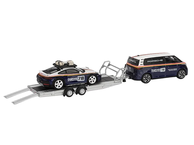 Alt view image 3 of 5 - Mini GT Porsche 911 Dakar 718 Blue and White with Roof Rack and Volkswagen ID Buzz Blue and White with Flatbed Trailer Porsche Centrum Gelderland Roughroads Set of 3 pieces Limited Edition 164 Diecast