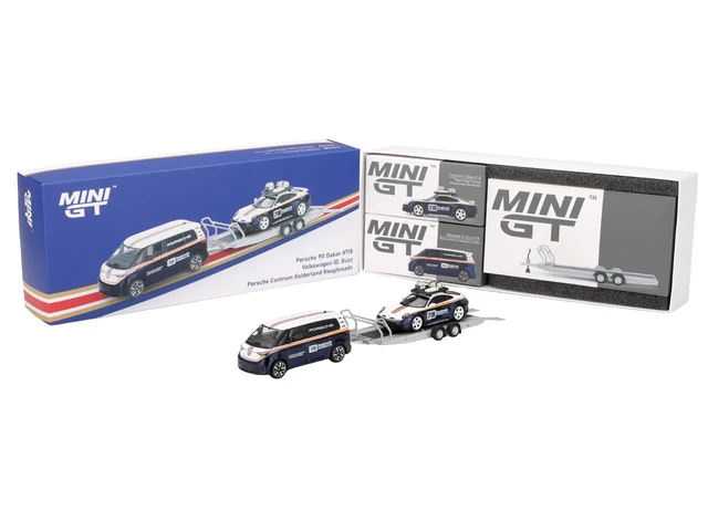 Alt view image 5 of 5 - Mini GT Porsche 911 Dakar 718 Blue and White with Roof Rack and Volkswagen ID Buzz Blue and White with Flatbed Trailer Porsche Centrum Gelderland Roughroads Set of 3 pieces Limited Edition 164 Diecast