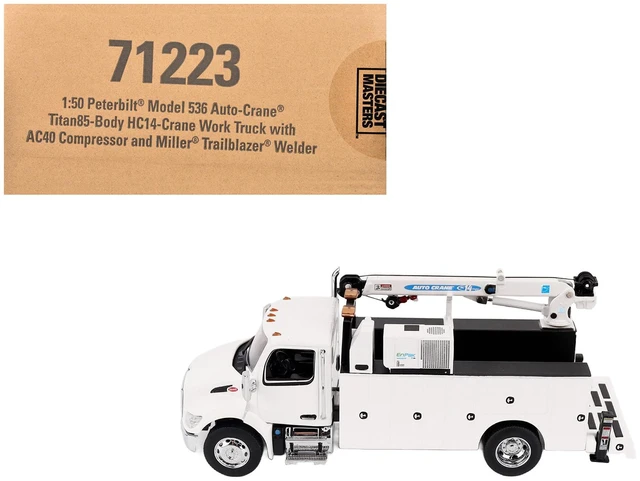 Main image of DieCast Masters Peterbilt 536 AutoCrane Titan 85Body HC14Crane Work Truck with Miller EnPak White Transport Series 150 Diecast Model by Diecast Masters