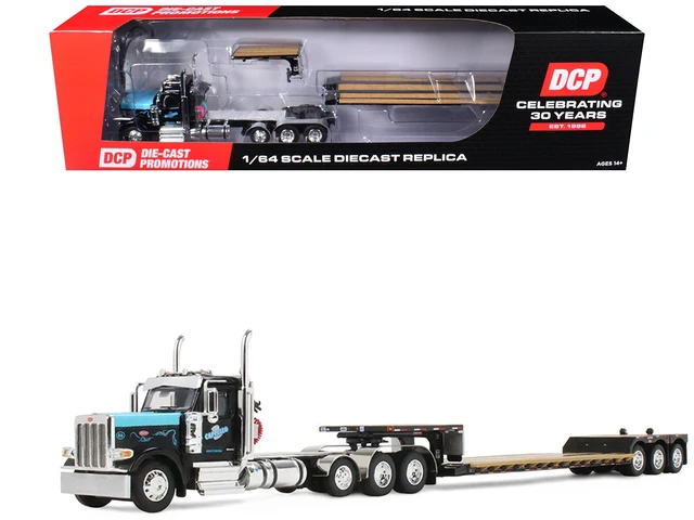 Alt view image 7 of 10 - Peterbilt 589 Day Cab and Fontaine Renegade LXT40 Trailer w/Fliptail Black w/Light Blue Hood 1/64 Diecast Model DCP/First Gear