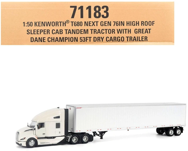 Main image of DieCast Masters Kenworth T680 NextGen 76 HighRoof Sleeper Tandem Tractor White with Great Dane Champion 53ft Dry Cargo Trailer Transport Series 150 Diecast Model by Diecast Masters