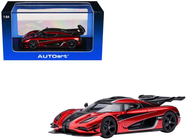 Alt view image 7 of 7 - Koenigsegg One:1 Apple Red Metallic with Carbon and Silver Stripes 1/64 Model Car by Autoart