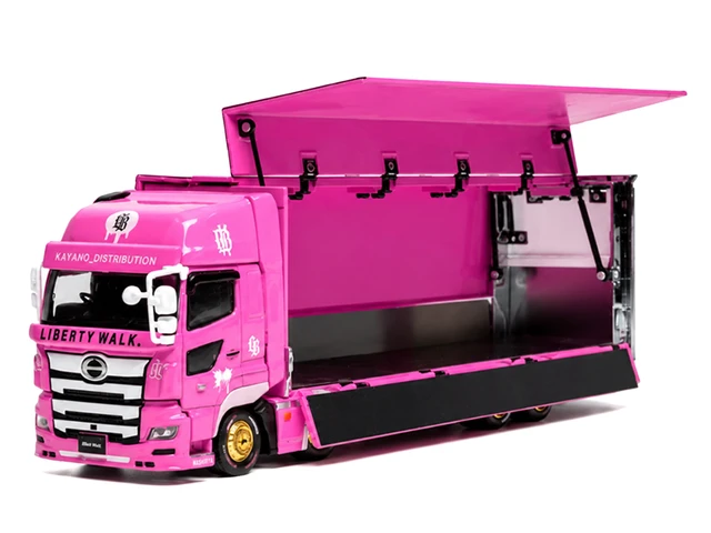 Alt view image 2 of 5 - GCD Hino 700 Transporter RHD Right Hand Drive LBTrucks KayanoDistr Pink Metallic with Graphics 164 Diecast Model by GCD
