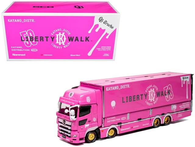 Main image of GCD Hino 700 Transporter RHD Right Hand Drive LBTrucks KayanoDistr Pink Metallic with Graphics 164 Diecast Model by GCD