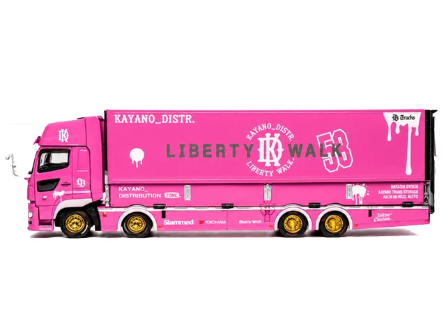 Alt view image 4 of 5 - GCD Hino 700 Transporter RHD Right Hand Drive LBTrucks KayanoDistr Pink Metallic with Graphics 164 Diecast Model by GCD