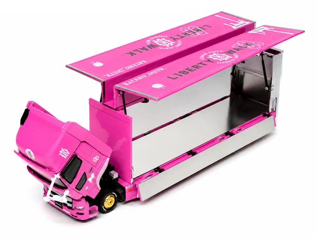 Alt view image 3 of 5 - GCD Hino 700 Transporter RHD Right Hand Drive LBTrucks KayanoDistr Pink Metallic with Graphics 164 Diecast Model by GCD