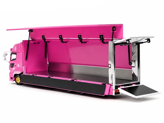 Alt view image 5 of 5 - GCD Hino 700 Transporter RHD Right Hand Drive LBTrucks KayanoDistr Pink Metallic with Graphics 164 Diecast Model by GCD