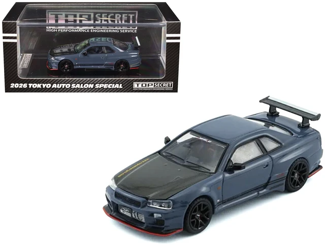 Main image of BM Creations Nissan Top Secret Skyline GTR BNR34 RHD Right Hand Drive Stealth Gray with Carbon Hood Tokyo Auto Salon 2026 164 Diecast Model Car by BM Creations