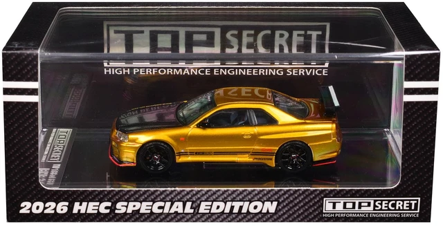 Main image of BM Creations Nissan Top Secret Skyline GTR BNR34 RHD Right Hand Drive Gold Metallic with Carbon Hood Hobby Expo China 2026 164 Diecast Model Car by BM Creations