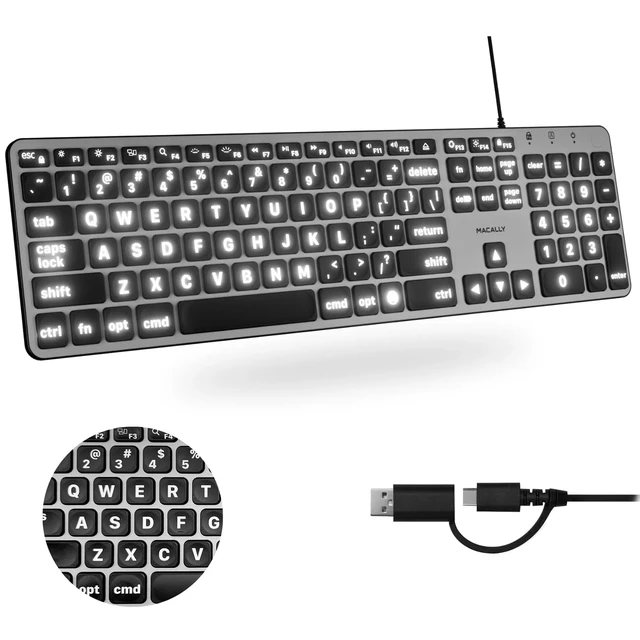 Alt view image 8 of 8 - Macally Backlit Large Print Keyboard For Mac with Dual USB A / C - Cable Connectivity - USB Type A, USB Type C Interface - 107 Key(s) - Mac OS - Computer - Mac