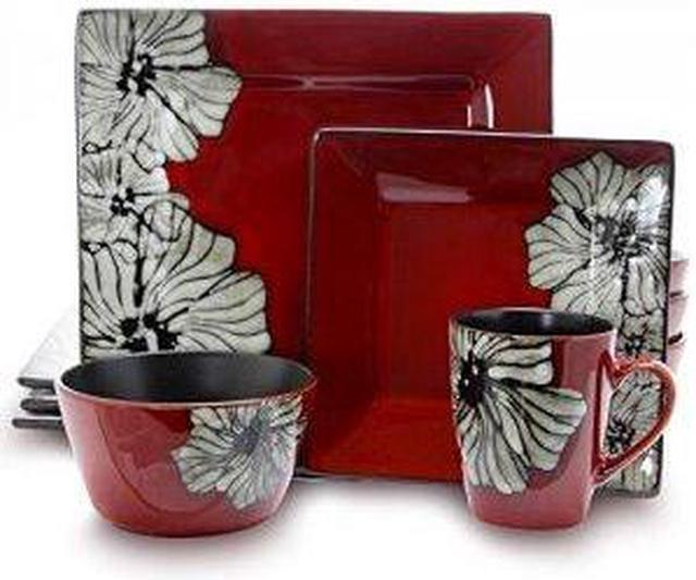 Alt view image 2 of 2 - Elama Stoneware Dinnerware Collection, 16 Piece, Red with White Flower Accents