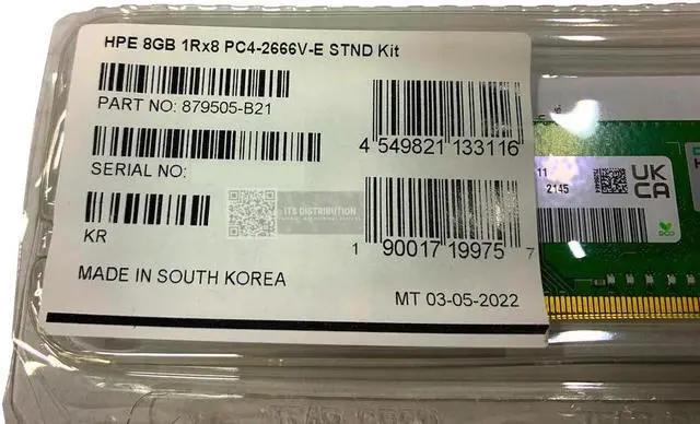 Alt view image 2 of 2 - HPE 8GB 1RX8 PC4-2666V-E Standard Memory Kit P06772-001 (879505-B21)