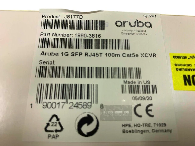 Alt view image 2 of 2 - HPE Aruba 1G SFP RJ45 T 100m Cat5e Transceiver 1990-3816 (J8177D)