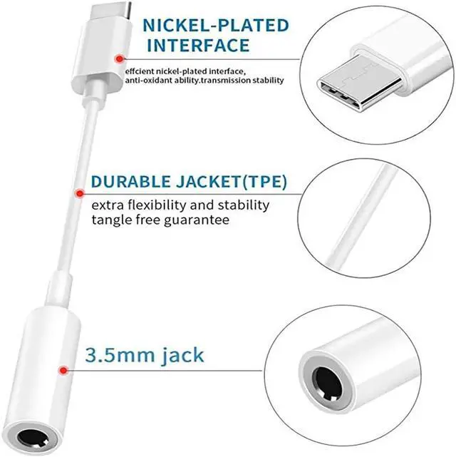 Alt view image 3 of 6 - Type C Headphone Adapter, USB C to 3.5mm Headphone Jack Adapter, Upgrade USB Type C Audio Aux Adapter Compatible with Google Pixel/ Nexus/Samsung/Moto/Huawei and all USB C Port,  White, R017 (2 Pack)