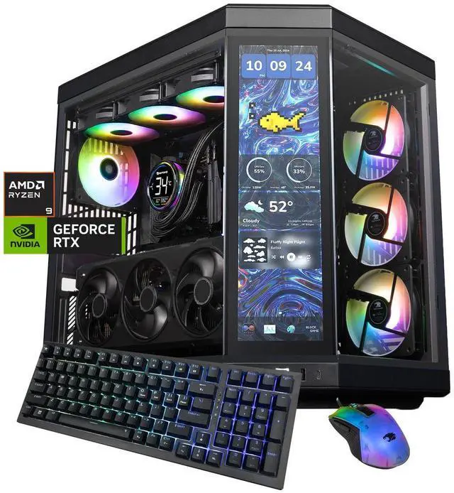 Main image of iBUYPOWER Y70TI Gaming PC Desktop Computer with HYTE Touch Screen Case, AMD Ryzen 9 9900X3D CPU, NVIDIA GeForce RTX 5080 16GB GPU, 32GB DDR5 RAM, 2TB NVMe SSD, Windows 11 Home, Keyboard, Mouse - Black