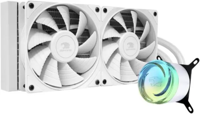 Main image of iBUYPOWER AW4 240mm Radiator CPU AIO Liquid Cooler (2024), 2x 120mm Core Fans, RGB Display, Fan Speed 700-2000 RPM, Airflow Volume 65 CFM, Intel 1700/1150/1151, AMD AM5/AM4 - White