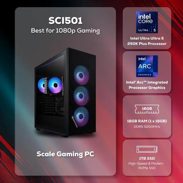Alt view image 2 of 7 - iBUYPOWER Scale Gaming PC Desktop Computer, Intel Core Ultra 5 250K Plus 2026 CPU with Integrated Intel Graphics, 16GB DDR5 RAM, 1TB NVMe SSD, Windows 11 Home, Keyboard, Mouse Black