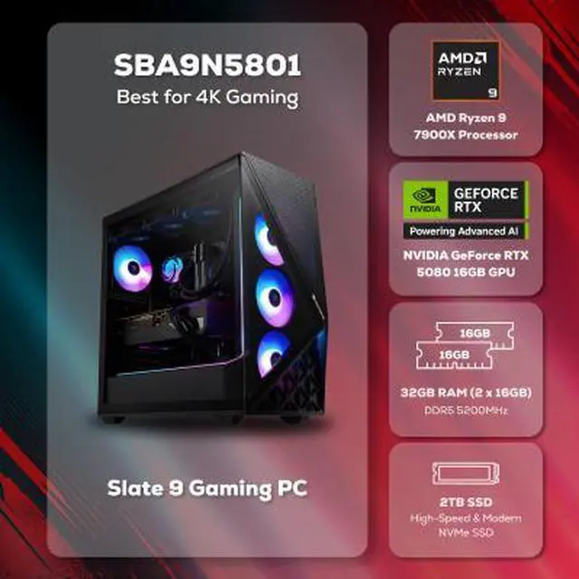 Alt view image 2 of 7 - iBUYPOWER Slate Gaming PC Desktop Computer AMD Ryzen 9 7900X CPU, NVIDIA GeForce RTX 5080 16GB GPU, 32GB DDR5 RAM, 2TB NVMe SSD, Windows 11 Home, Keyboard, Mouse Black