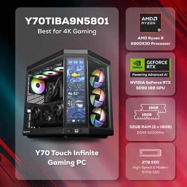 Alt view image 2 of 7 - iBUYPOWER Y70TI Gaming PC Desktop Computer with HYTE Touch Screen Case, AMD Ryzen 9 9900X3D CPU, NVIDIA GeForce RTX 5080 16GB GPU, 32GB DDR5 RAM, 2TB NVMe SSD, Windows 11 Home, Keyboard, Mouse - Black