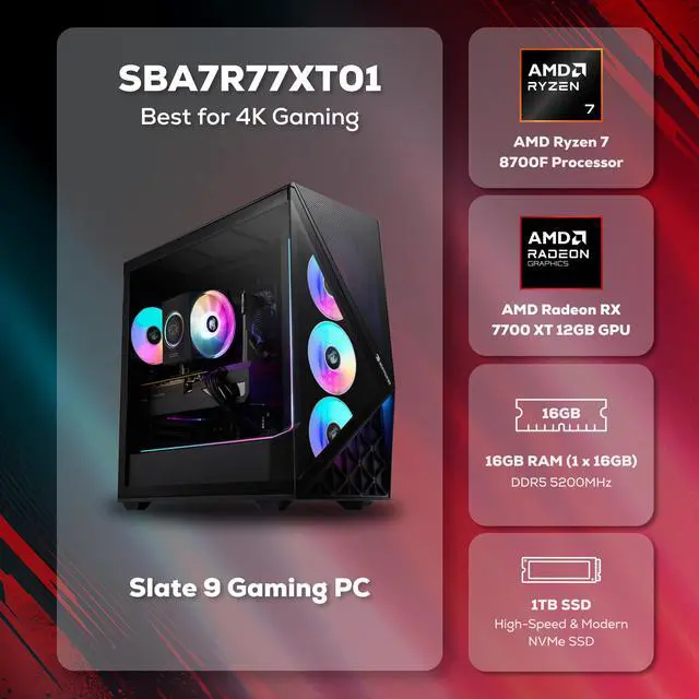 Alt view image 2 of 7 - iBUYPOWER Slate Gaming PC Desktop Computer AMD Ryzen 7 8700F CPU, AMD Radeon RX 7700 XT 12GB GPU, 16GB DDR5 RAM, 1TB NVMe SSD, Windows 11 Home, Keyboard, Mouse Black