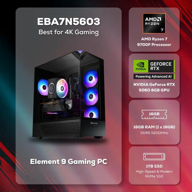 Alt view image 2 of 7 - iBUYPOWER Element Gaming PC Desktop Computer AMD Ryzen 7 9700F CPU, NVIDIA GeForce RTX 5060 8GB GPU, 16GB DDR5 RAM, 1TB NVMe SSD, Windows 11 Home, Keyboard, Mouse Black