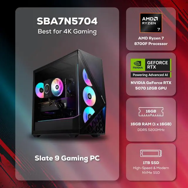 Alt view image 2 of 7 - iBUYPOWER Slate Gaming PC Desktop Computer AMD Ryzen 7 8700F CPU, NVIDIA GeForce RTX 5070 12GB GPU, 16GB DDR5 RAM, 1TB NVMe SSD, Windows 11 Home, Keyboard, Mouse Black