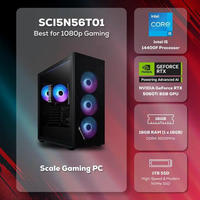 Alt view image 2 of 7 - iBUYPOWER Scale Gaming PC Desktop Computer Intel Core i5 14400F CPU, NVIDIA GeForce RTX 5060Ti 8GB GPU, 16GB DDR4 Non-RGB RAM, 1TB NVMe SSD, Windows 11 Home, Keyboard, Mouse Black