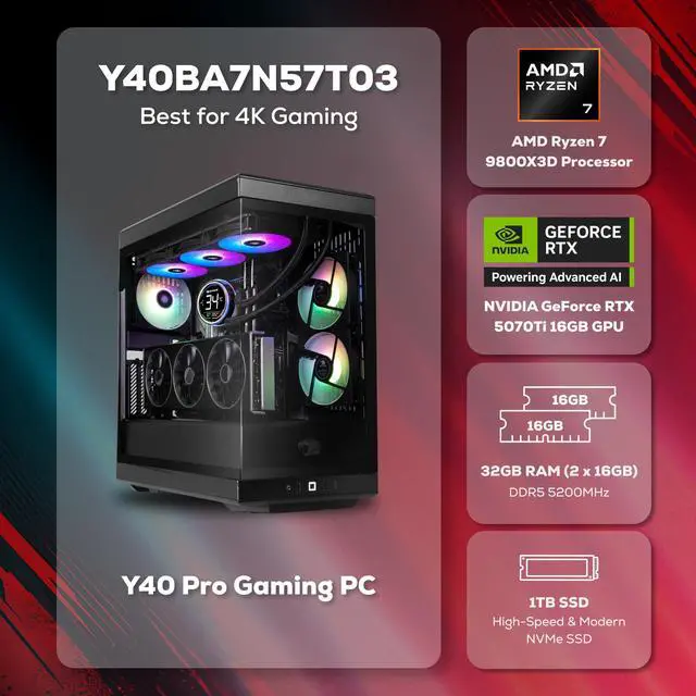 Alt view image 2 of 7 - iBUYPOWER Y40 Gaming PC Desktop Computer AMD Ryzen 7 9800X3D CPU, NVIDIA GeForce RTX 5070Ti 16GB GPU, 32GB DDR5 RAM, 1TB NVMe SSD, Windows 11 Home, Keyboard, Mouse Black