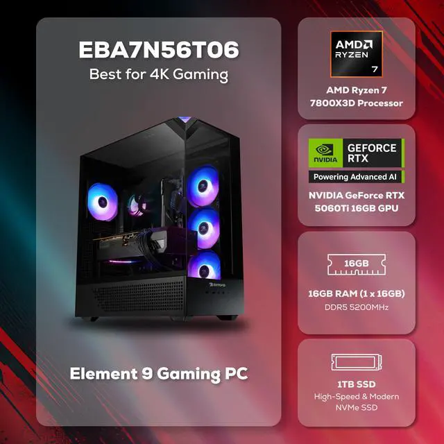 Alt view image 2 of 7 - iBUYPOWER Element Gaming PC Desktop Computer AMD Ryzen 7 7800X3D CPU, NVIDIA GeForce RTX 5060Ti 16GB GPU, 16GB DDR5 RAM, 1TB NVMe SSD, Windows 11 Home, Keyboard, Mouse Black