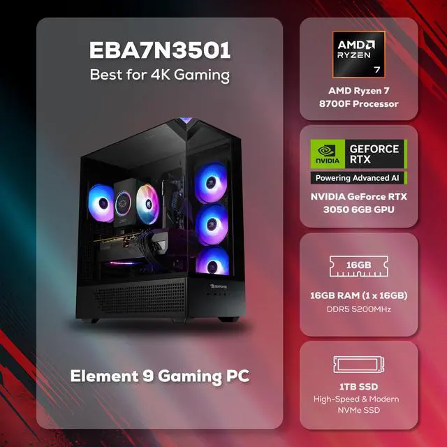 Alt view image 2 of 7 - iBUYPOWER Element Gaming PC Desktop Computer AMD Ryzen 7 8700F CPU, NVIDIA GeForce RTX 3050 6GB GPU, 16GB DDR5 RAM, 1TB NVMe SSD, Windows 11 Home, Keyboard, Mouse Black