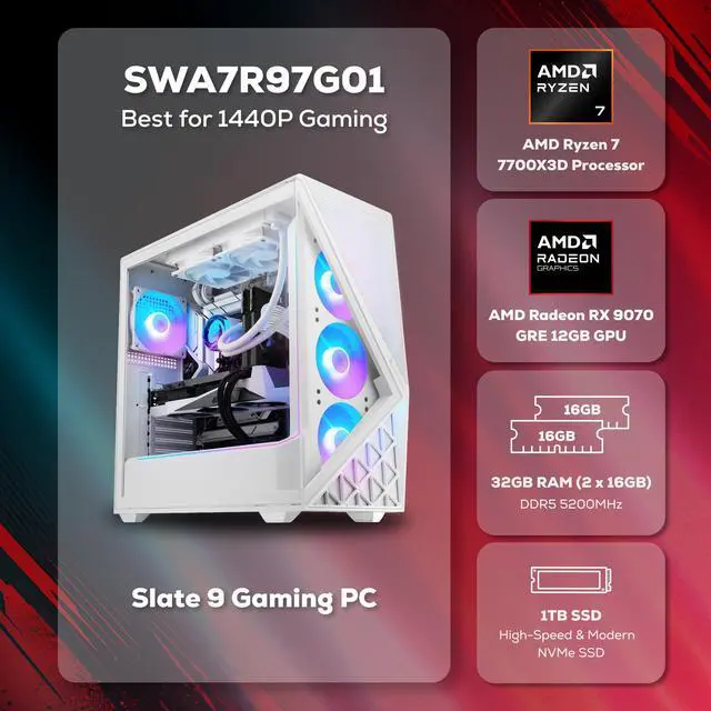 Alt view image 2 of 7 - iBUYPOWER Slate Gaming PC Desktop Computer AMD Ryzen 7 7700X3D CPU, AMD Radeon RX 9070 GRE 12GB GPU, 32GB DDR5 RAM, 1TB NVMe SSD, Windows 11 Home, Keyboard, Mouse White