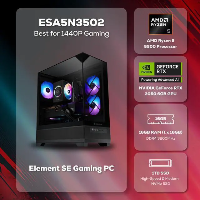 Alt view image 2 of 7 - iBUYPOWER Element SE Gaming PC Desktop Computer AMD Ryzen 5 5500 CPU, NVIDIA GeForce RTX 3050 6GB GPU, 16GB DDR4 RAM, 1TB NVMe SSD, Windows 11 Home, Keyboard, Mouse Black