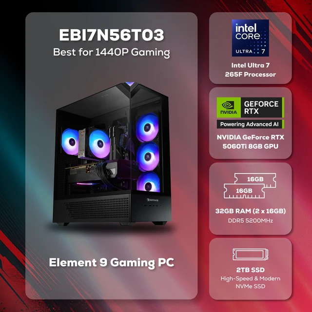 Alt view image 2 of 7 - iBUYPOWER Element Gaming PC Desktop Computer Intel Core Ultra 7 265F CPU, NVIDIA GeForce RTX 5060Ti 8GB GPU, 32GB DDR5 RAM, 2TB NVMe SSD, Windows 11 Home, Keyboard, Mouse Black